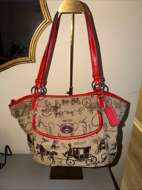 Coach Beige Signature Canvas Shoulder Bag with Red Trim